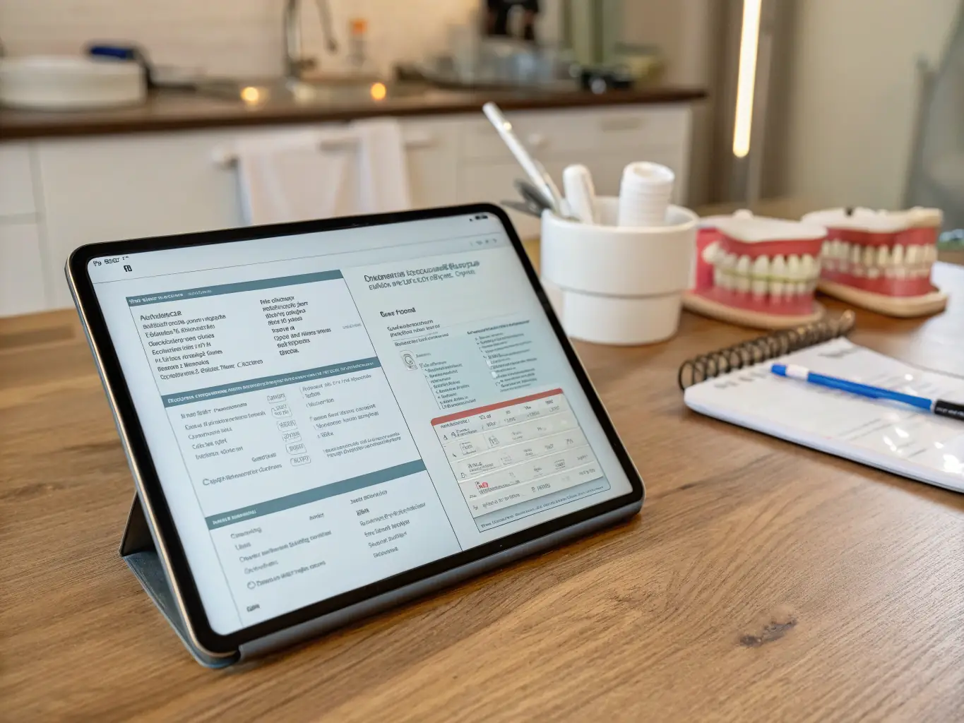 A dentist is reviewing a case status update on a tablet in a modern dental office, with a focus on the clear and concise information displayed on the screen.