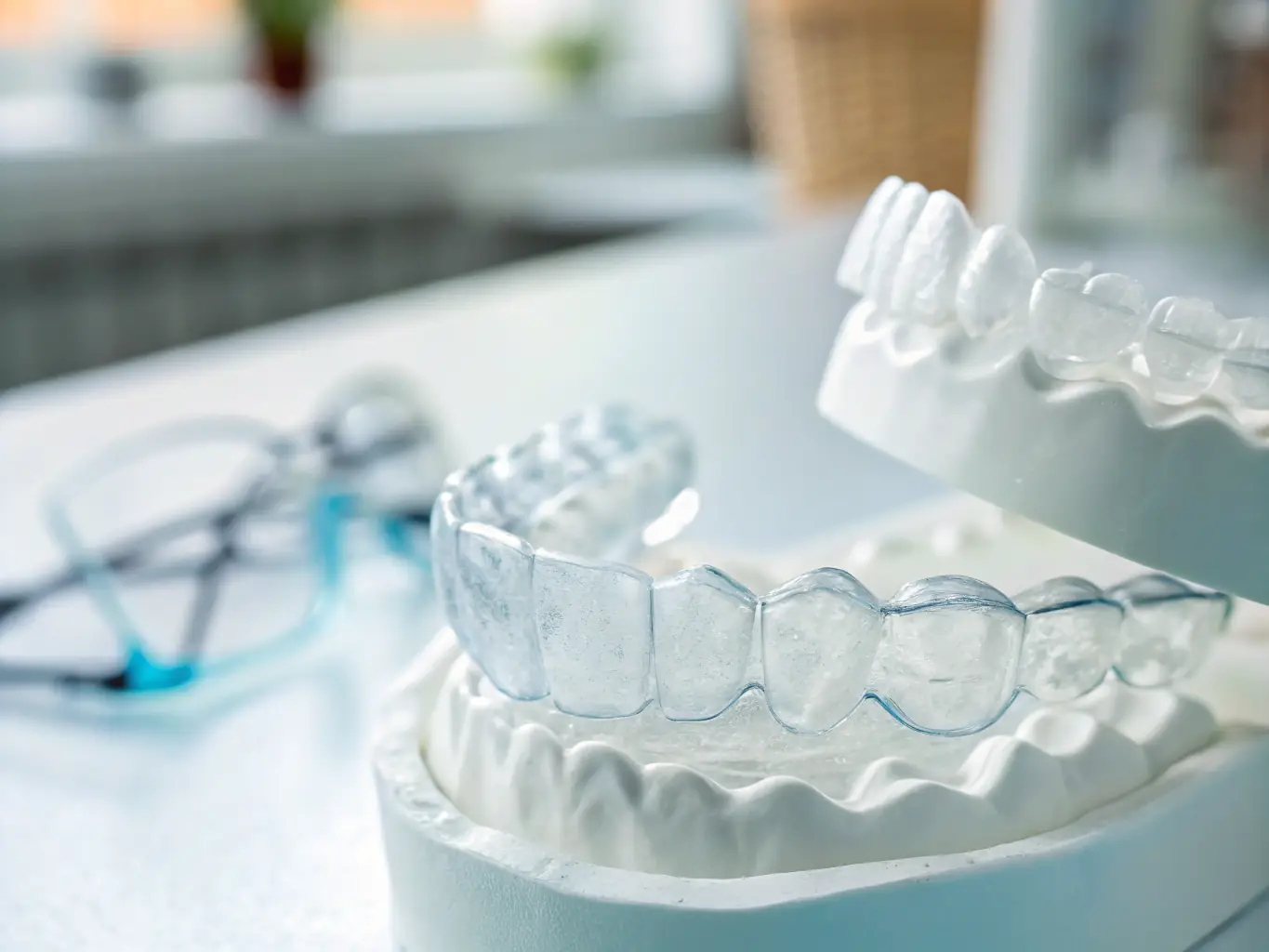 A clear aligner case, displaying the series of aligners used for orthodontic treatment, with a focus on the smooth, transparent material.